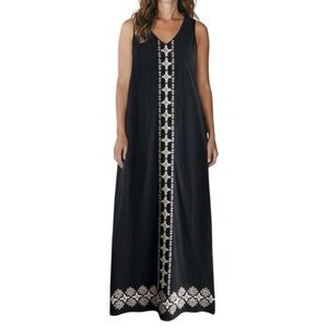 J.Jill Black Embroidered Cross Stitch Beaded Maxi Dress Small Tall Cotton Boho